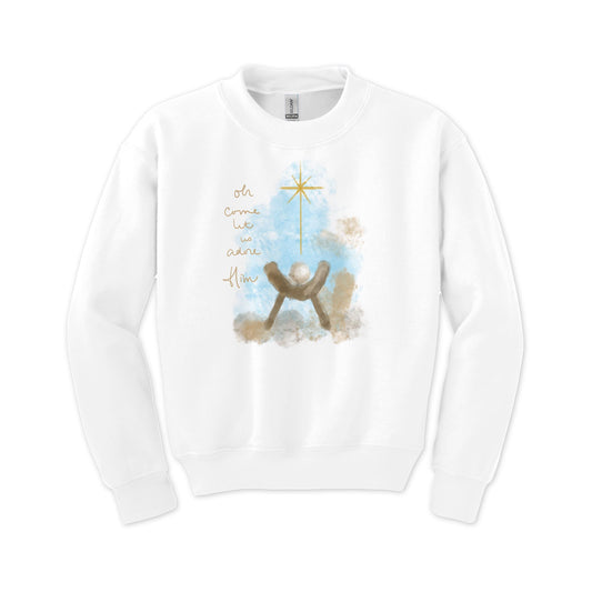 Gildan Youth Crewneck White-Let Us Adore Him Watercolor Manger