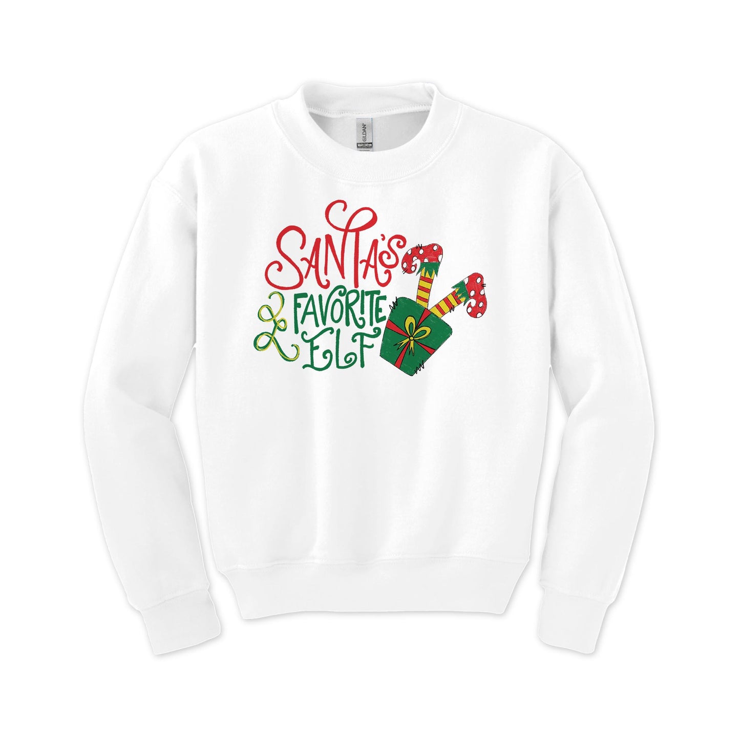 Gildan Youth Crewneck White-Santa's Favorite Elf