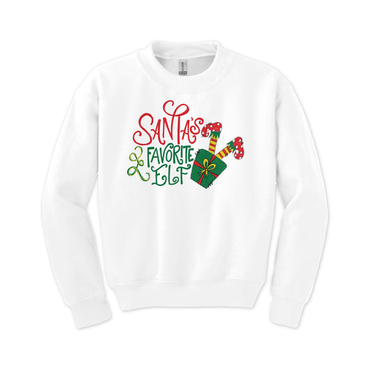 Gildan Youth Crewneck White-Santa's Favorite Elf