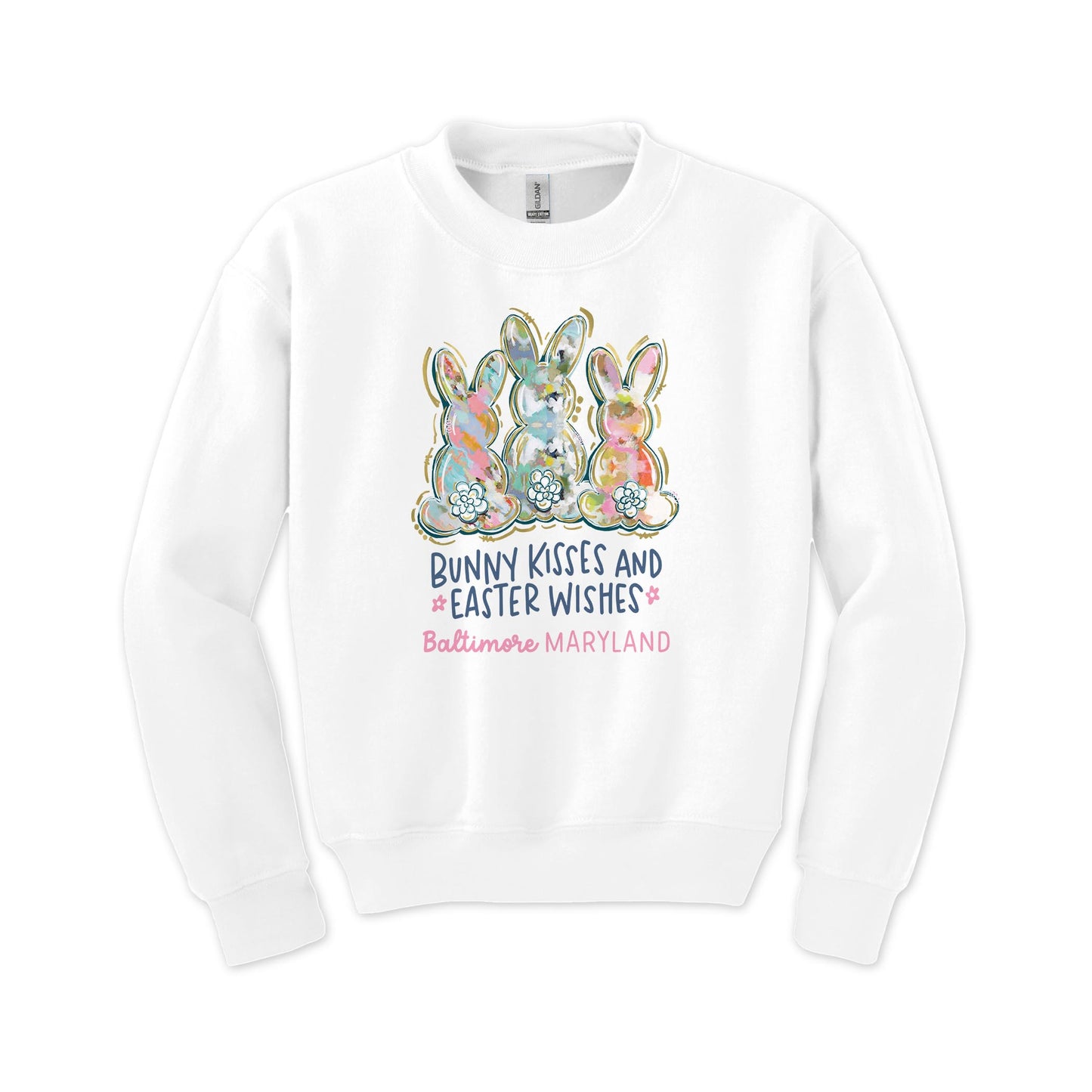 Gildan Youth Crewneck White-Love+Local Watercolor Easter Bunny Trio -0