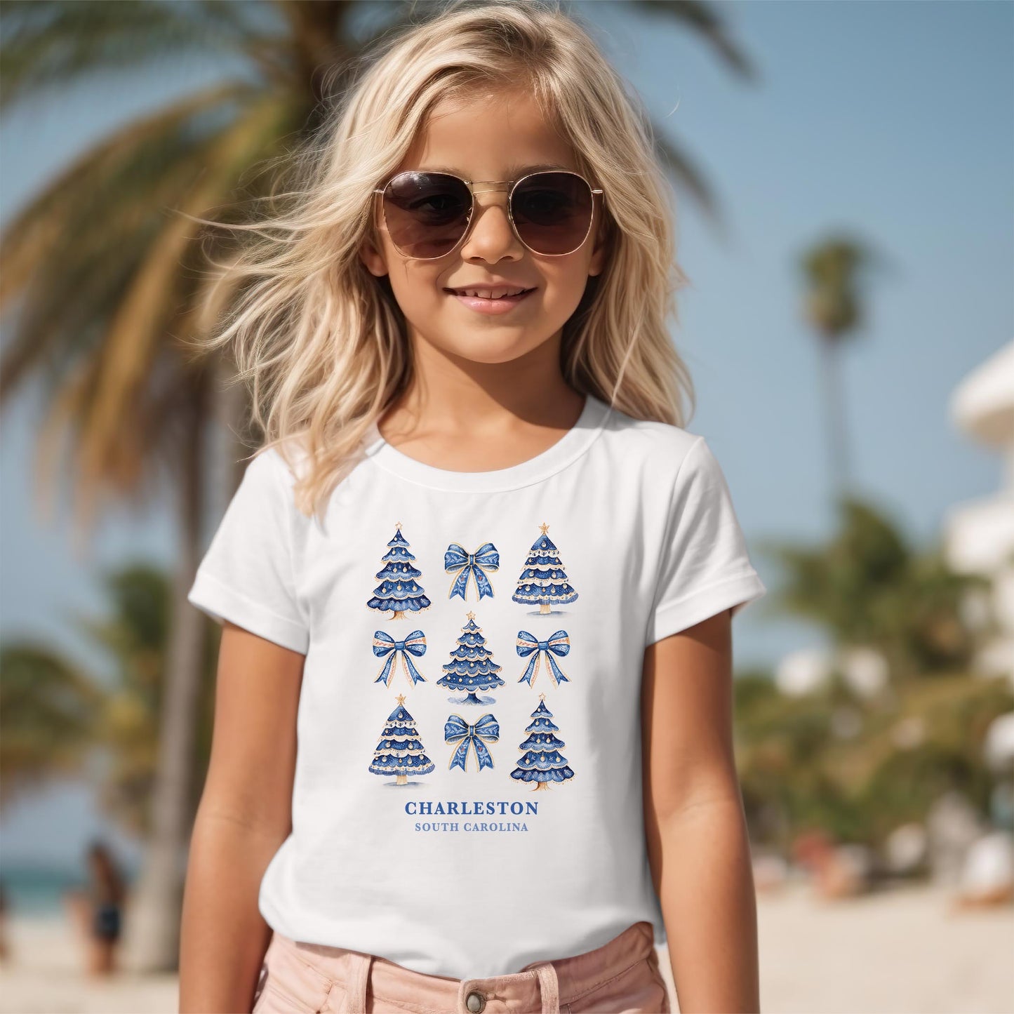Bella Canvas Youth T-Shirt White-Love+Local Blue Noel - A Grand Millennial Christmas -2