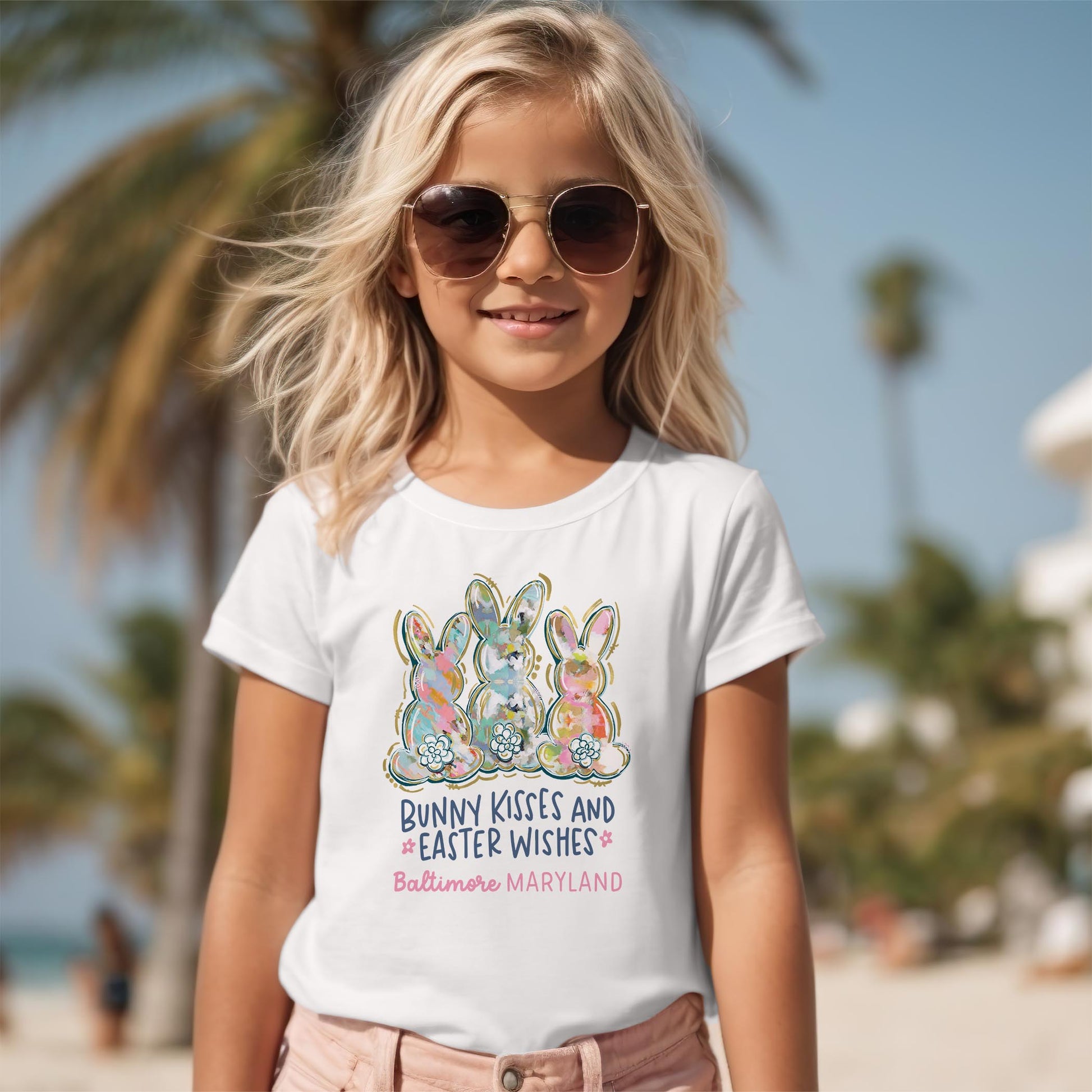 Bella Canvas Youth T-Shirt White-Love+Local Watercolor Easter Bunny Trio -2