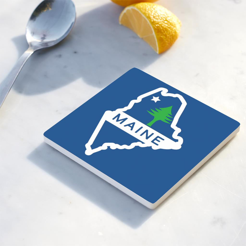 Maine State Shape with Tree and Star Flag
