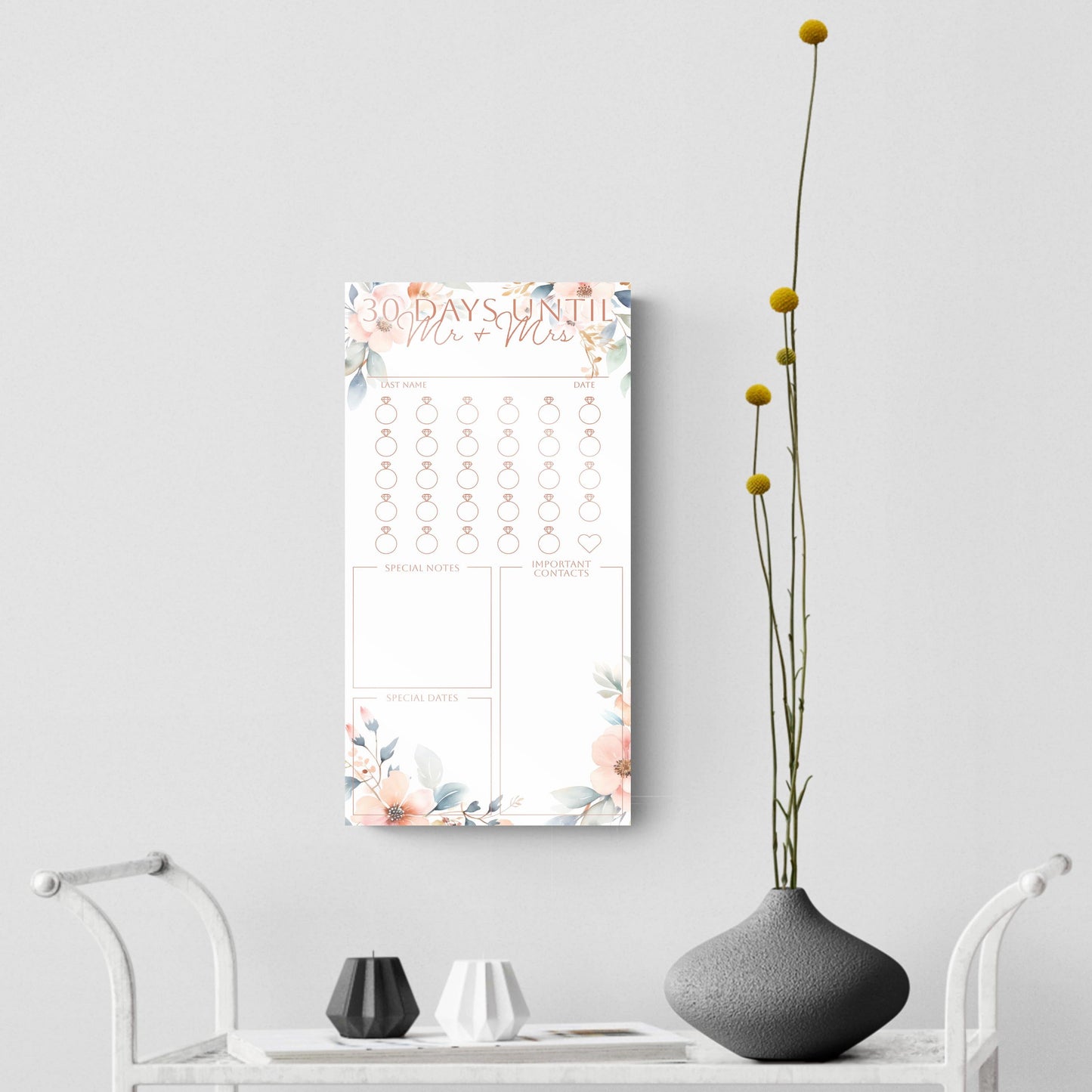 Floral Wedding Tracker On White Pink Outlines | 8x16