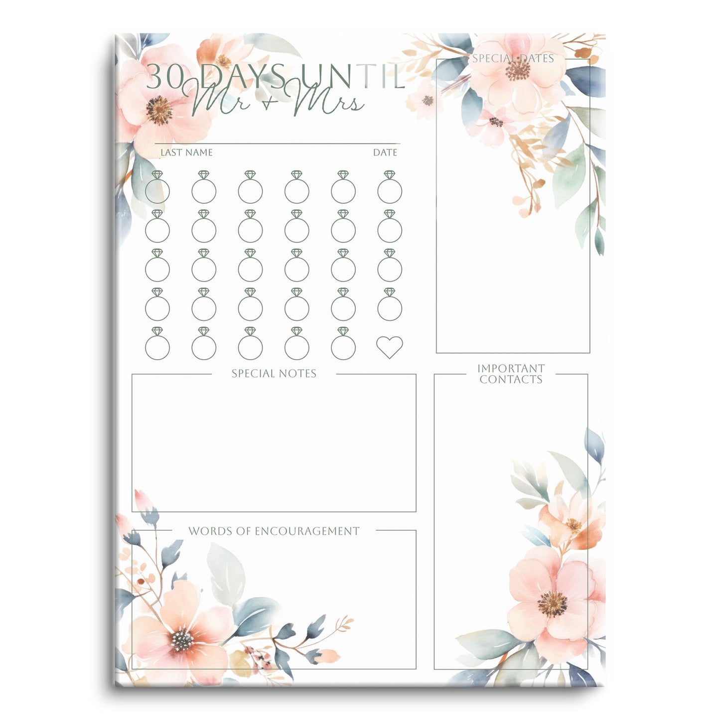 Floral Wedding Tracker On White Green Outlines | 12x16